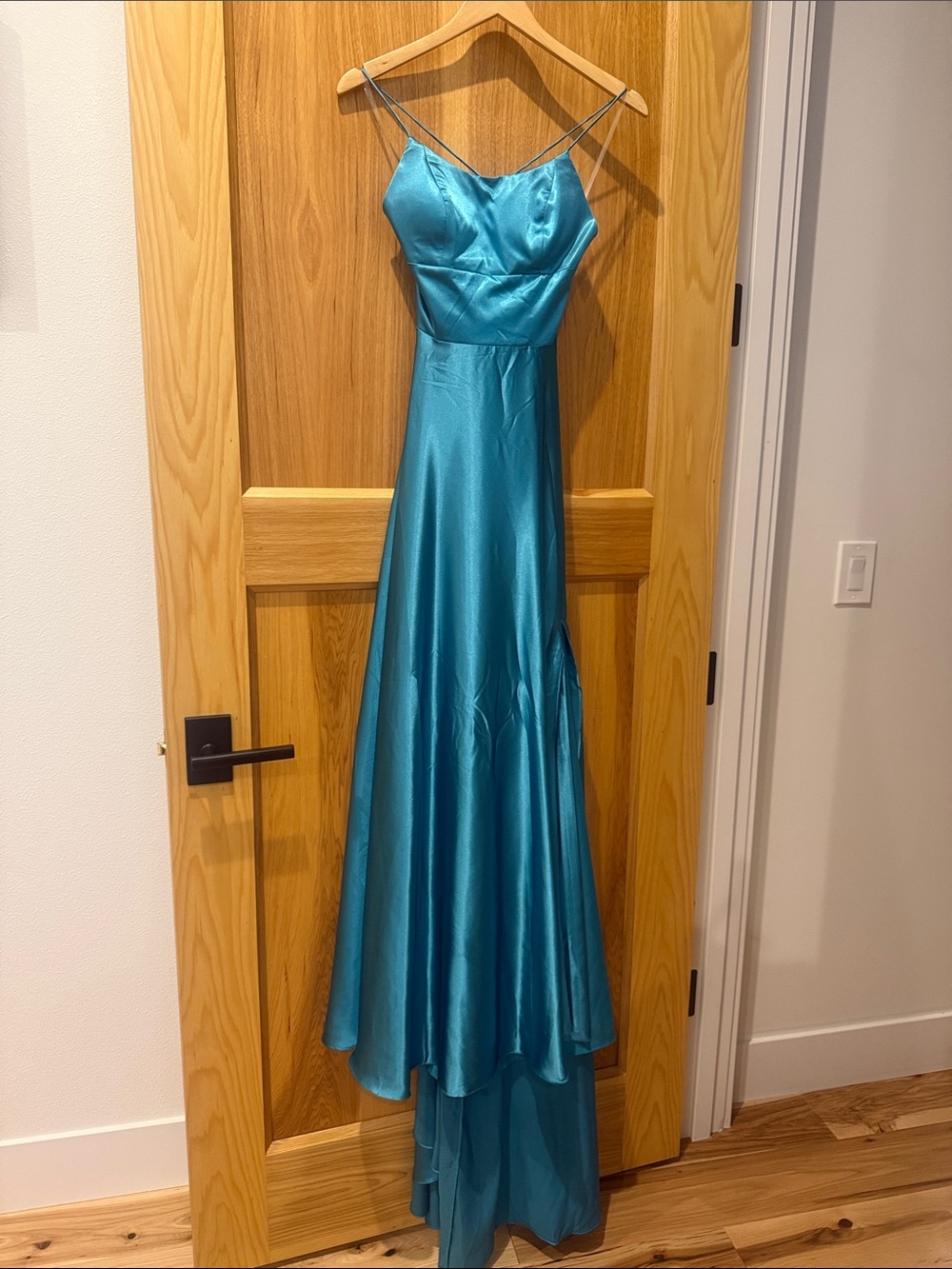 Teal Satin Spaghetti-Strap Prom Dress